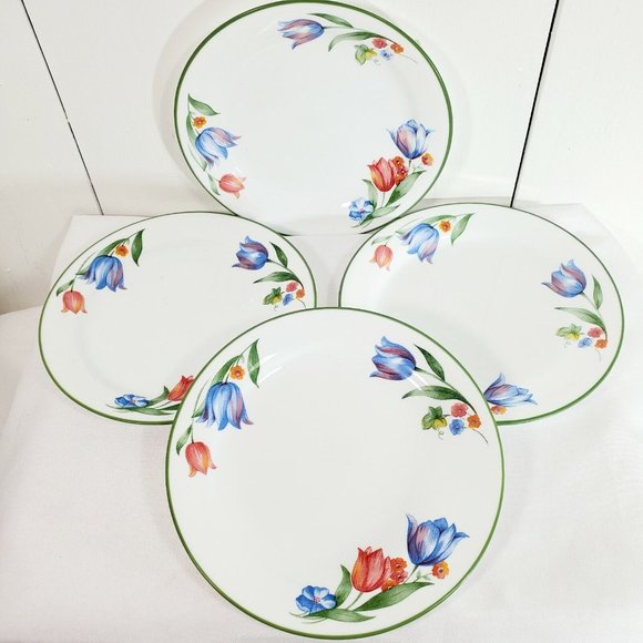 4 Corelle Fresh Cut 7.25" Bread Salad Dessert Plates Tulips green edge trim - Picture 2 of 7